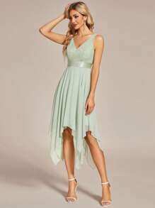 EVERPRETTY Sleeveless Double V-Neck Lace Bodice Hanky Hem Dress Elegant Cocktail Semi Formal Prom Sage Green Wedding Guest Dress For Birthday Graduation Dinner Homecoming Party Dress, For Valentine's Day - Mint Green - View 6