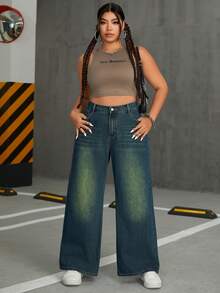 SHEIN ICON Pantalones Vaqueros Teñidos Con Agua De Talla Grande Con Bolsillos Inclinados - Azul - Ver 4