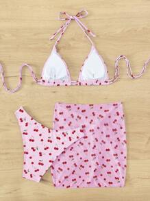 Swim Mod Summer Beach Cherry Printed Two Pieces Bikini Set - Multicolor - View 4