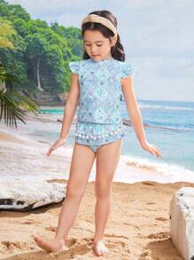女童盖袖比基尼，热带花卉图案泳衣，春/夏 - 淺藍色 - 查看 5