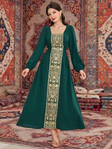 Al Najma 女士燈籠袖阿拉伯風刺繡金色連衣裙 - 墨綠色 - 查看 1