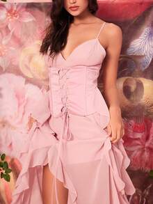 Ruffle Trim Split Thigh Cami Dress - Baby Pink - View 7