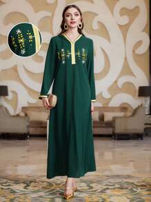 Al Najma Women's Hooded Arabic Style Dress With Rhinestone Decoration - Dark Green - View 5