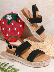 Mini mi 黑色女孩平底編織草鞋涼鞋 - 開放式輕巧舒適透氣，白色防滑底，經典單帶設計，款式多變且永恆 - 黑色 - 查看 2