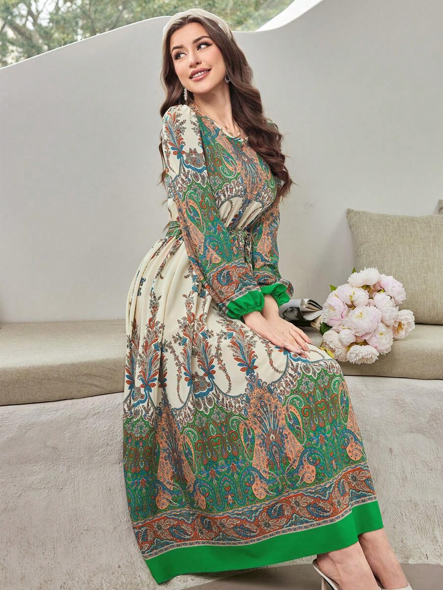 Mulvari Full Print Lantern Sleeve Belted Dress - Multicolor - View 1