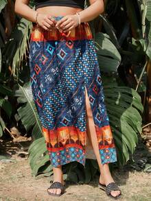 SHEIN LUNE Kích thước lớn Của phụ nữ Hình học In Bên Khe Viền không đối xứng Váy - Nhiều màu - Xem 3