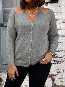 SHEIN LUNE Plus Size Open Shoulder Front Button Cardigan