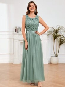 Round Neck Beaded Party  Dress Cocktail Dress - Green - View 1