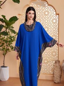 Al Najma Women's Geometric Pattern Splice Kaftan With Draped Collar, Turkish Style - Royal Blue - View 6