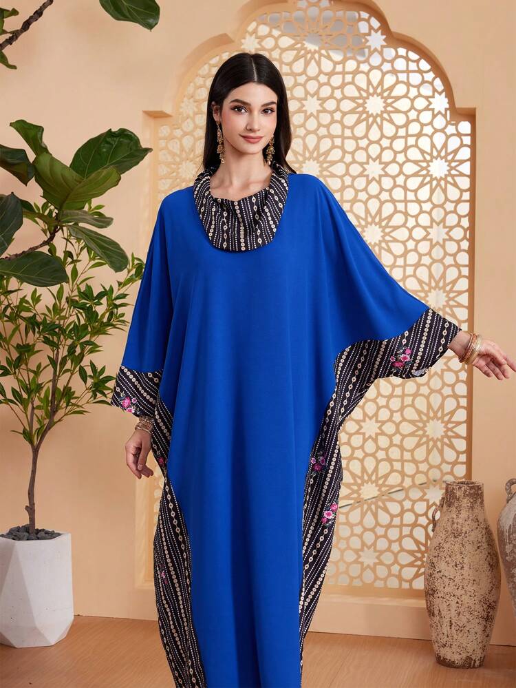 Women's Geometric Pattern Splice Kaftan With Draped Collar, Turkish Style