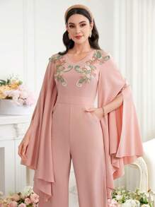 Al Najma Women's Jumpsuit With Cape Sleeve And Embroidery Decor