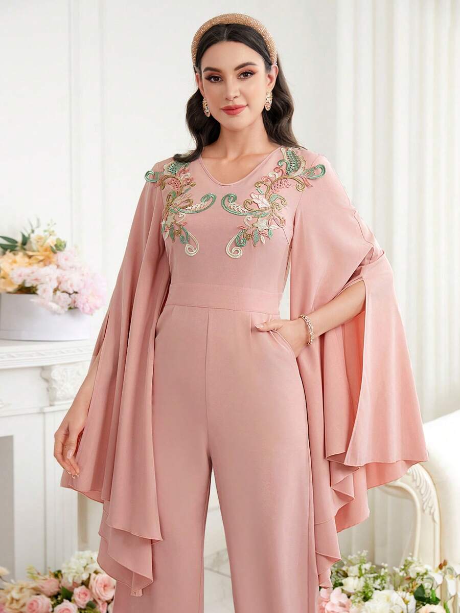 Al Najma Women's Jumpsuit With Cape Sleeve And Embroidery Decor
