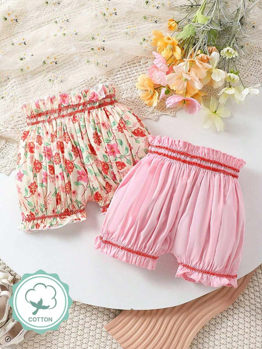 SHEIN 2入組嬰兒女童花卉信封腰裙底褲,優雅鄉村風格 - 彩色 - 查看 1