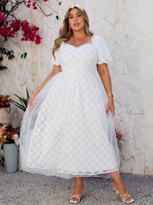 Simplee Plus Size Sweetheart Neck Puff Sleeve Mesh Overlay Dress - White - View 5