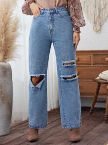 SHEIN LUNE Unifarbene Zerrissene Jeans - Helle Waschung - Übersicht 4