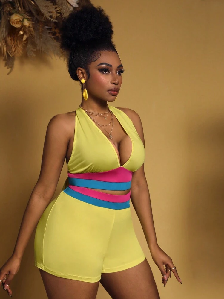 Plus Size Casual Slim Fit Color Block Halter Top With Strap And Shorts Set