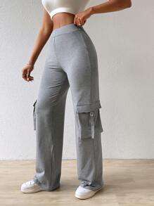 VaVaBold Pantalones Con Detalle De Rayas Y Solapa Con Bolsillo Lateral De Color Liso Para Mujer