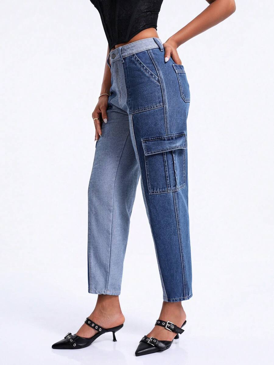 SHEIN BAE Women's Cargo Pocketed Denim Trousers - Blue - View 1