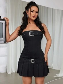 SHEIN ICON Y2K Buổi tiệc Liên hoan âm nhạc Trang phục trên phố Co giãn Gợi cảm Của phụ nữ Đen Denim Quây Đầm - màu đen - Xem 3