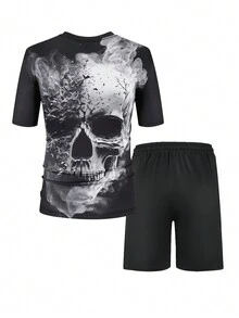 Manfinity LEGND 男士3d骷髏印花短袖t恤和短褲套裝 - 黑與白 - 查看 2