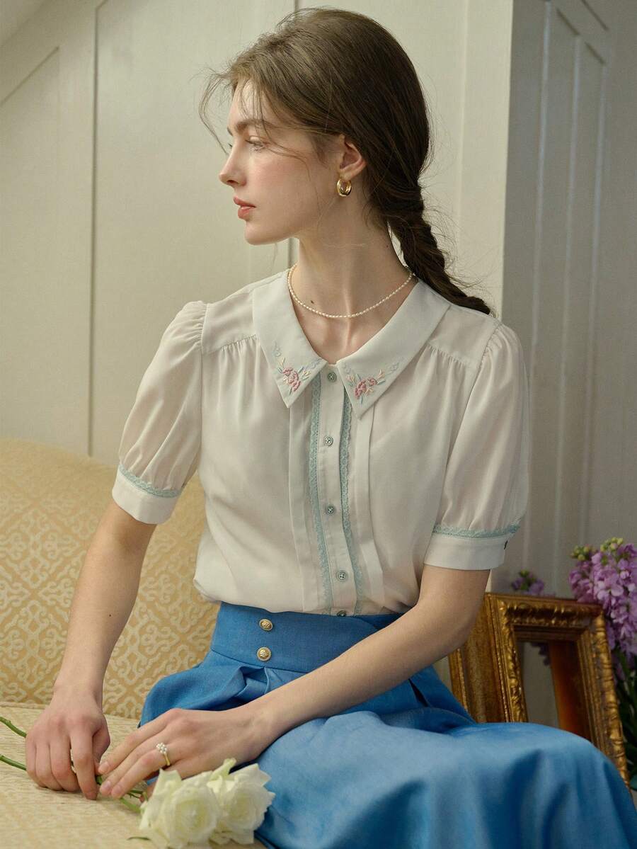 Simple Retro Của phụ nữ Khối màu Thêu Vòng cổ Giải trí Áo sơ mi - trắng - Xem 1