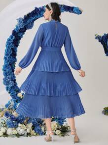 Modelyn Solid Color Stand Collar Lantern Sleeve Dress Fall Cloth For Women - Blue - View 2