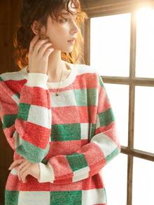 Knit Mix Women's Plaid Crew Neck Pullover Sweater (Random Pattern) - Multicolor - View 3