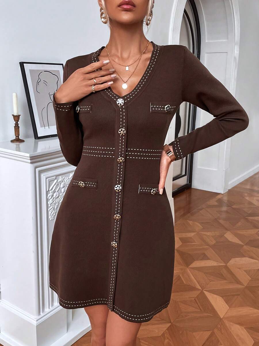 优雅长袖针织连衣裙，拼色 V 领毛衣裙，条纹随意设计，完美适合秋冬时尚返校秋季女装秋季街头服饰 - 巧克力棕 - 查看 1