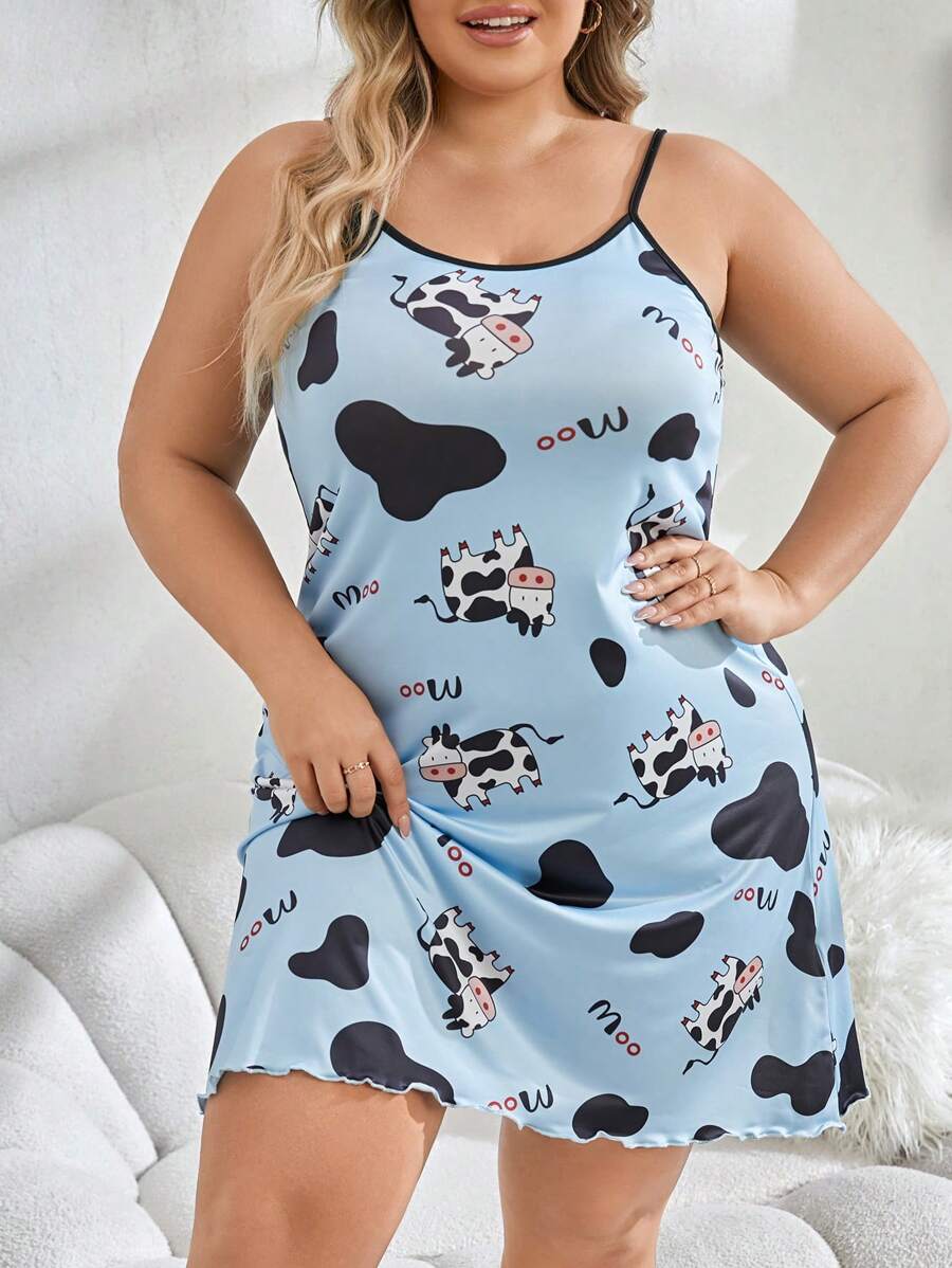 Plus Size Women's Letter & Cow Print Cami Sleep Dress Pajama Dress - Blue - View 1