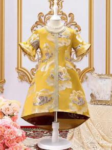 SHEIN Young Girls' Floral Jacquard Patchwork Tape Trim Round Neck Dress - Yellow - View 1