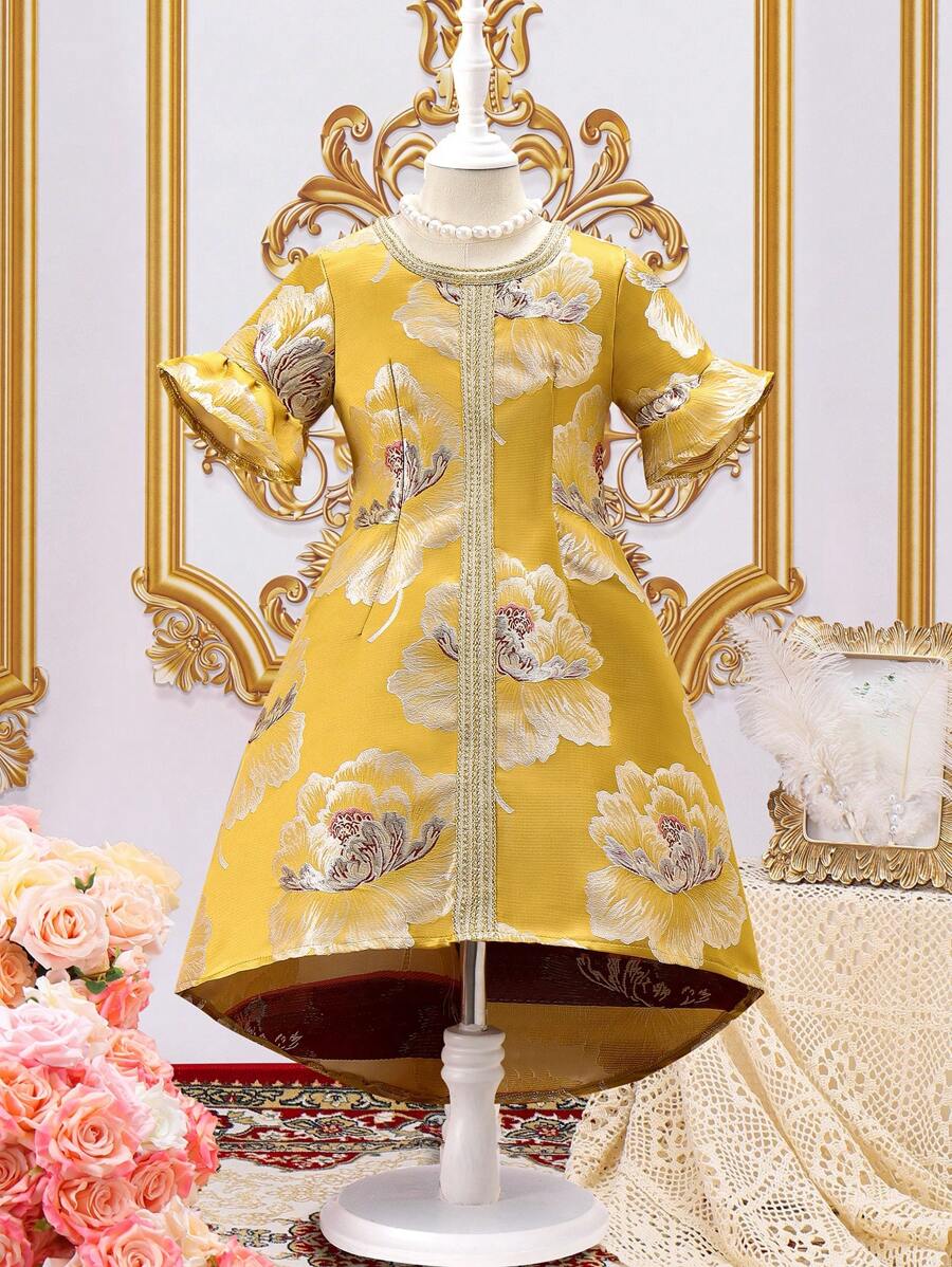 SHEIN Young Girls' Floral Jacquard Patchwork Tape Trim Round Neck Dress - Yellow - View 1