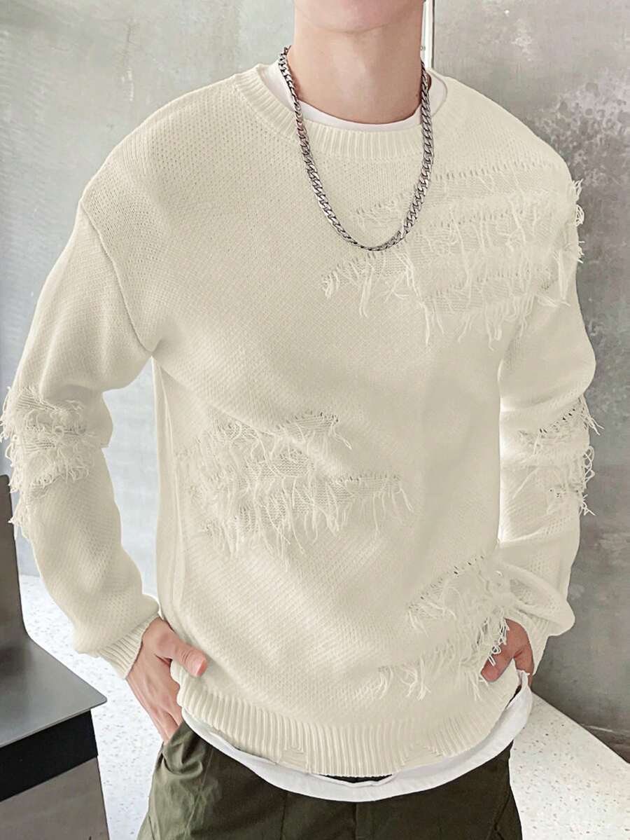 Manfinity Hypemode Nam Đau khổ Viền tua Áo len - Màu be - Xem 1