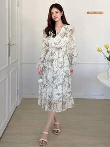 DAZY V-Neck Long Sleeve Printed Dress, Fall Dress Vacation Outfits Women Floral Dress Boho - White - View 1