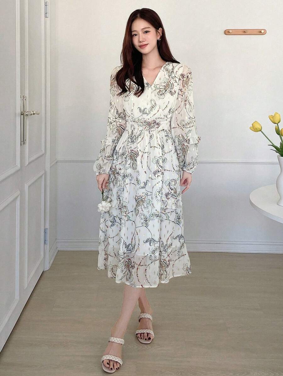 DAZY V-Neck Long Sleeve Printed Dress, Fall Dress Vacation Outfits Women Floral Dress Boho - White - View 1