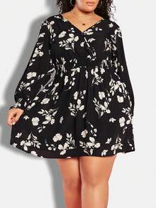 SHEIN CURVE+ Plus Size Women's Floral Printed Lantern Sleeve Dress - Multicolor - View 5