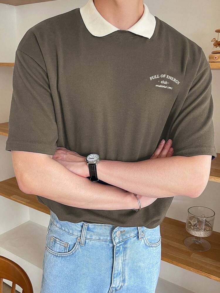 Men's Color Block Collared Shirt With Letter Printed Pattern