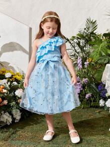 SHEIN Young Girls' Double Layer Ruffle Trim Top And Embroidered Mesh Overlay Skirt Set - Blue - View 5