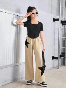 Cô gái Tween Dệt kim Màu thuần Cổ vuông Ngắn tay Áo Và Dệt kim Quần thể thao Bộ , Thể thao Phong cách đường phố - Màu be - Xem 5