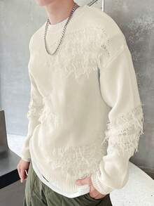 Manfinity Hypemode Nam Đau khổ Viền tua Áo len - Màu be - Xem 3