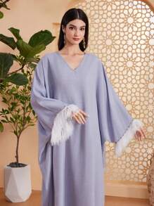 Al Najma Patchwork V-Neck Kaftan Dress - Grey - View 8