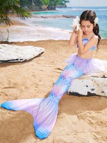 SHEIN Young Girls' Mermaid Scale Print 3pcs Swimwear Set With Separated Top And Bottom