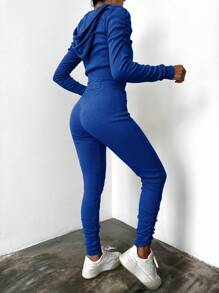 EURMUSE Zip Up Drawstring Hoodie & Ruched Leggings - Blue - View 2