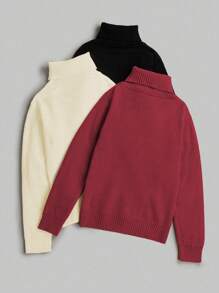 Calvaya Plus Size Solid Color High Neck Thickened Sweater Knit Pullover Fall Winter - Multicolor - View 2