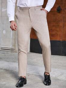 Manfinity Mode Men's Plus Size Striped Slim Fit Suit Trousers - Apricot - View 3
