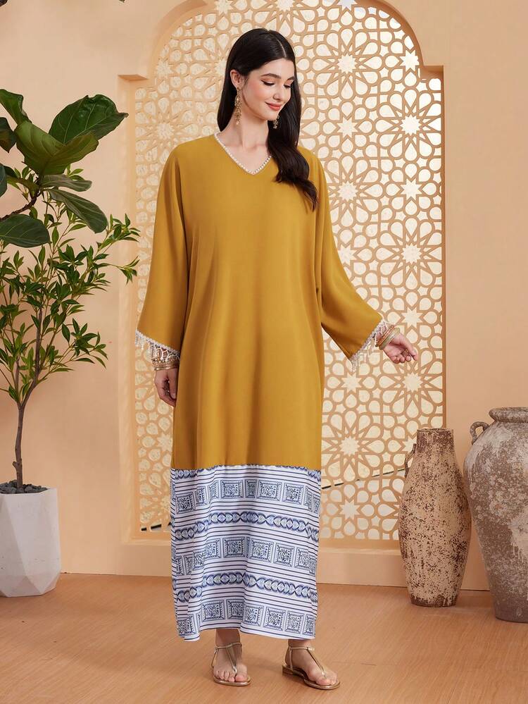 Colorblock V-Neck Tassel Sleeve Cuff & Hem Kaftan In Geometric Print