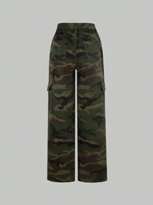 SHEIN Sparklyn Teen Girl's Casual And Stylish Retro Camouflage Jean Pants, Straight Cut, School, Campus, College - Dark Green - View 2
