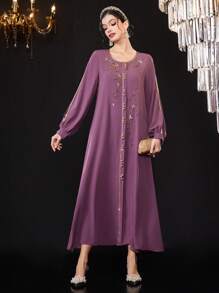 Al Najma Colorblock Border Cutout Lantern Sleeve Dress - Maroon - View 4
