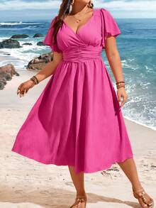 SHEIN Holidaya 加大尺寸紋理聚攏短袖連身裙,有彈力腰部,流蘇袖 - 玫紅色 - 查看 7