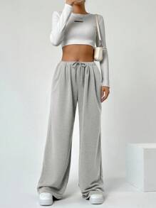 SHEIN EZwear Của phụ nữ Màu thuần Eo đàn hồi Dây rút Quần thể thao - Xám - Xem 4
