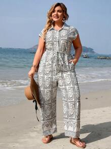 SHEIN VCAY Mono de playa con estampado de talla grande para vacaciones de estilo bohemio de verano - Multicolor - Ver 4